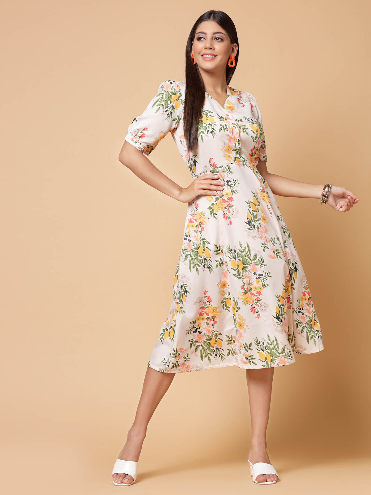 Peach Floral Print Midi Dress- Shop A-line Midi Dress – lirose