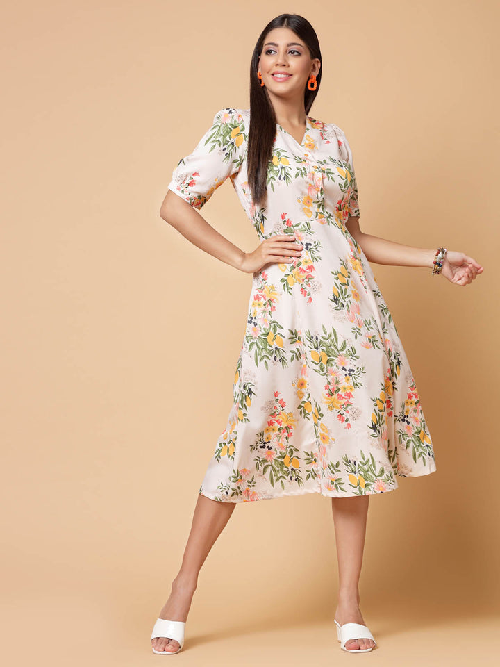 White Floral Printed Puffed Sleeves A-Line Midi Dress