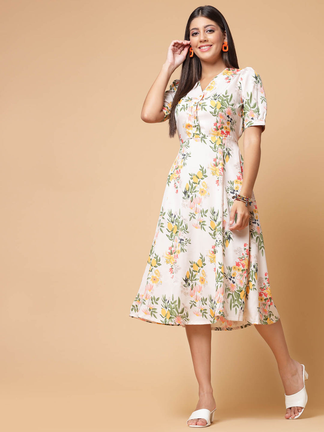 White Floral Printed Puffed Sleeves A-Line Midi Dress