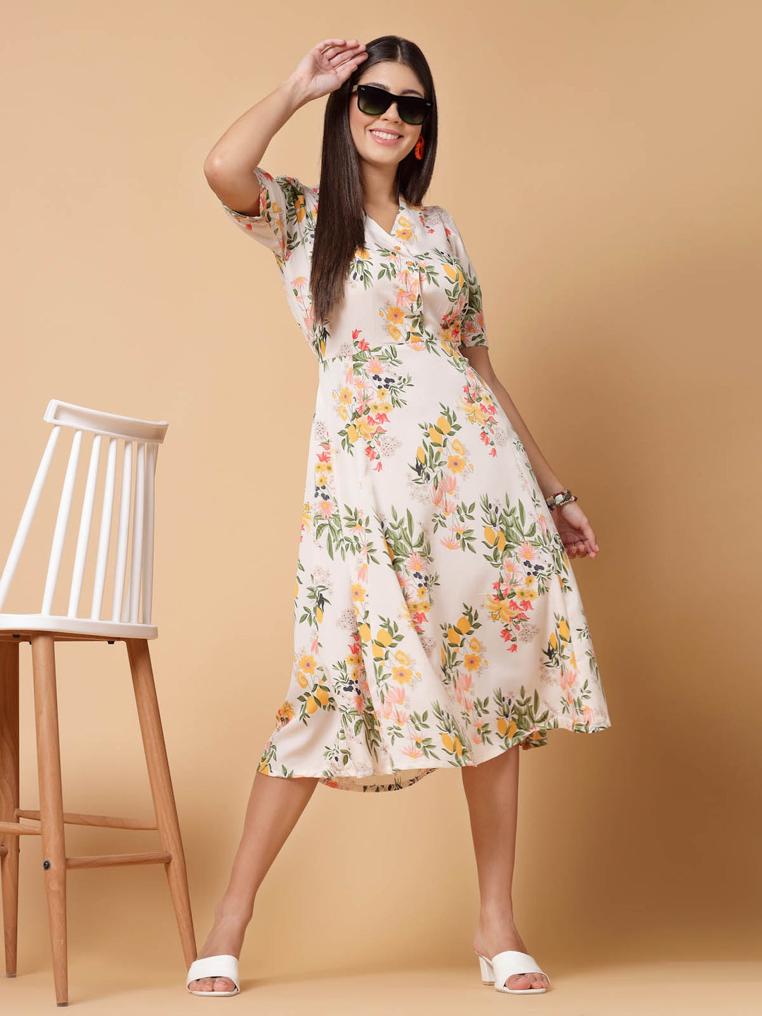 White Floral Printed Puffed Sleeves A-Line Midi Dress