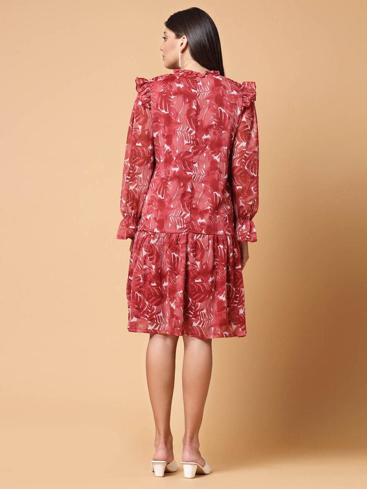 Maroon Floral Printed Tie-Up Neck Puff Sleeves Ruffles Flounce Hem Drop-Waist Dress