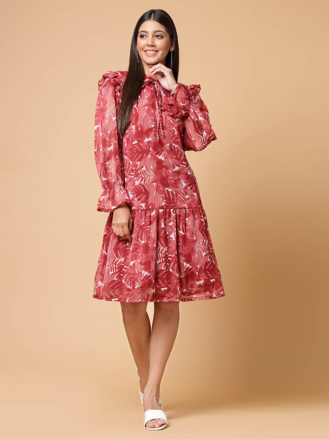 Maroon Floral Printed Tie-Up Neck Puff Sleeves Ruffles Flounce Hem Drop-Waist Dress