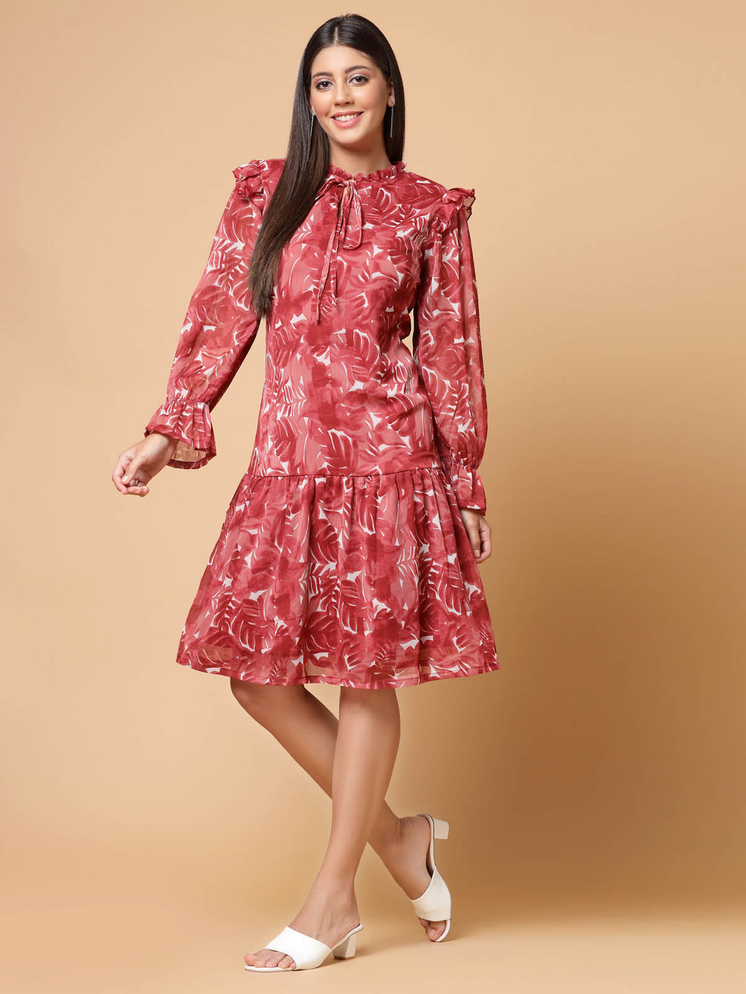 Maroon Floral Printed Tie-Up Neck Puff Sleeves Ruffles Flounce Hem Drop-Waist Dress