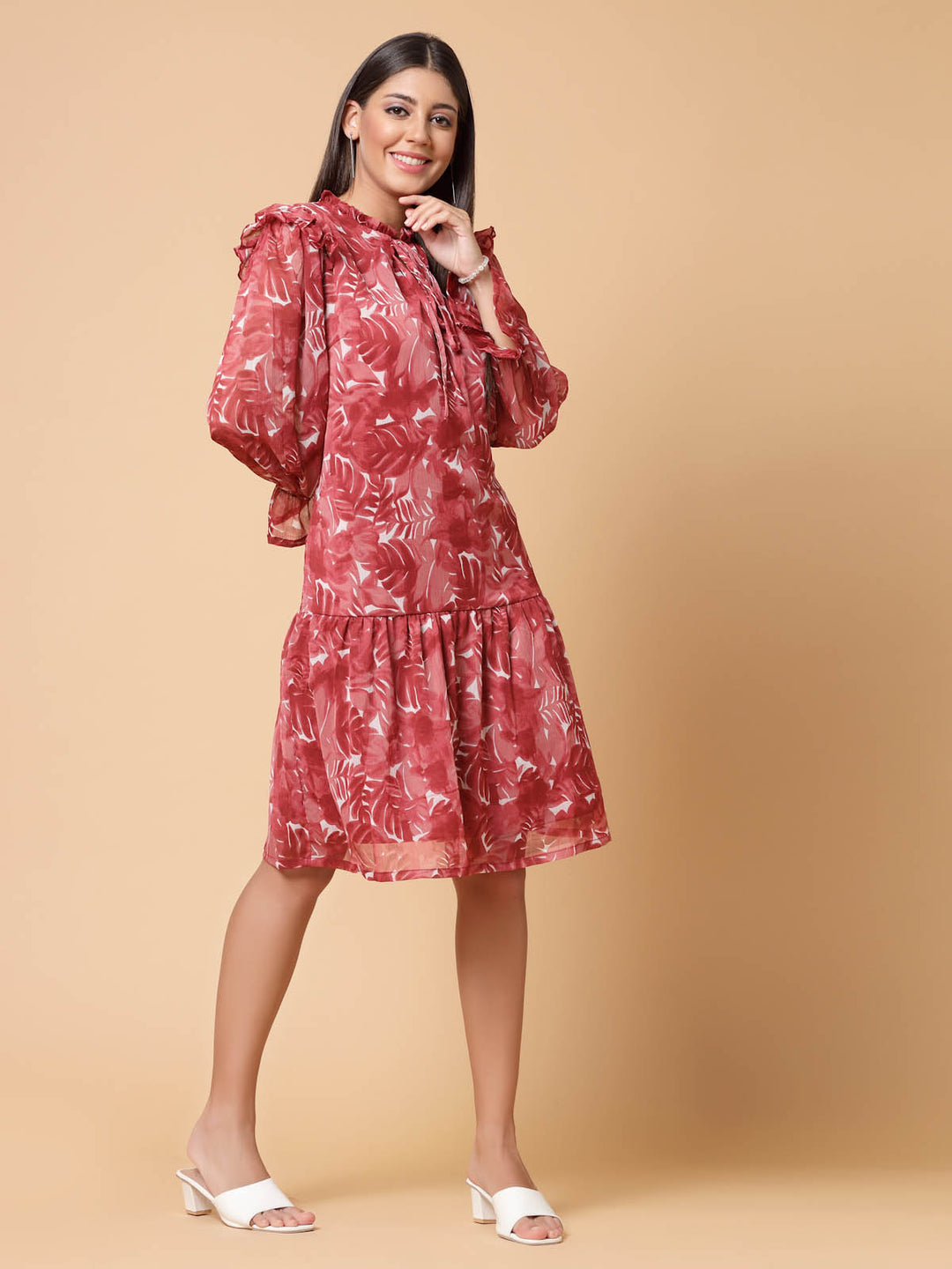 Maroon Floral Printed Tie-Up Neck Puff Sleeves Ruffles Flounce Hem Drop-Waist Dress