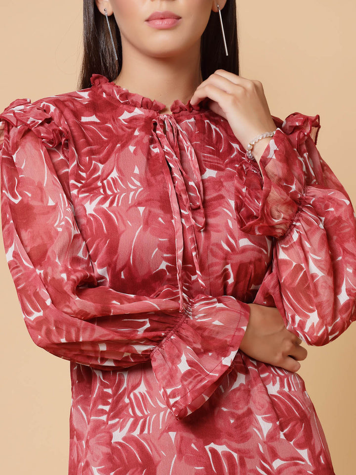 Maroon Floral Printed Tie-Up Neck Puff Sleeves Ruffles Flounce Hem Drop-Waist Dress