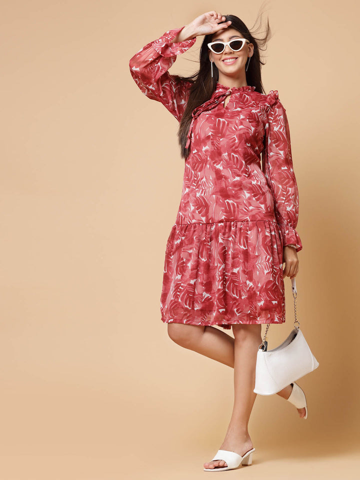 Maroon Floral Printed Tie-Up Neck Puff Sleeves Ruffles Flounce Hem Drop-Waist Dress