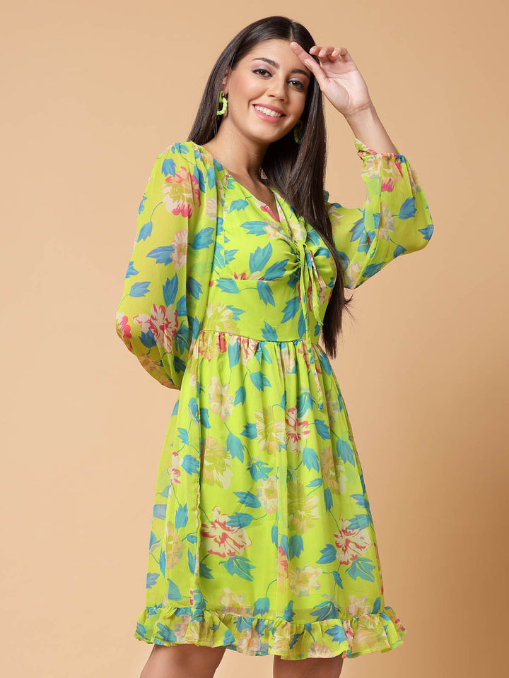 Yellow Floral Print V-Neck Fit  Flare Dress