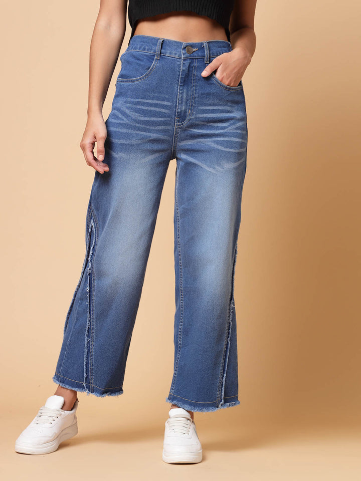 Women Blue Heavy Fade Cotton Denim Jeans