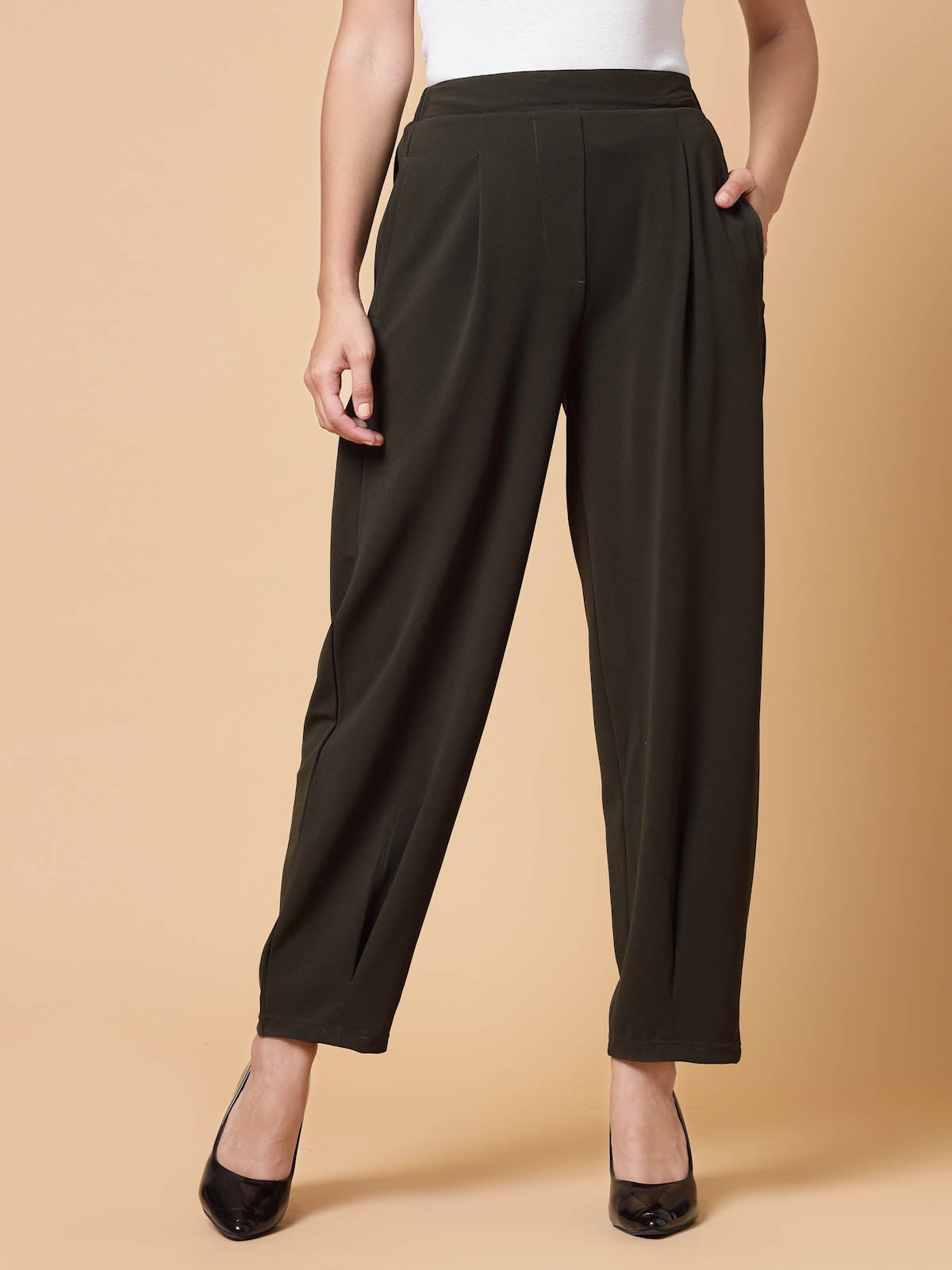 Women Olive Green Solid Pleated Trousers