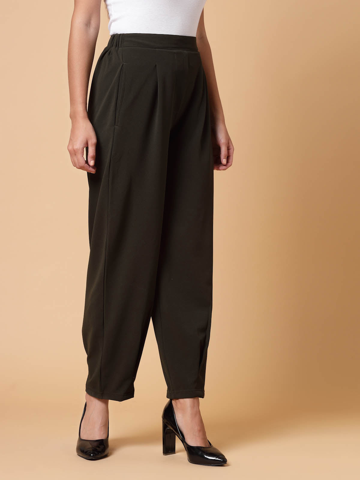 Women Olive Green Solid Pleated Trousers