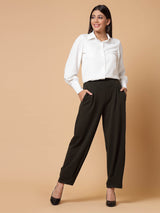 Women Olive Green Solid Pleated Trousers