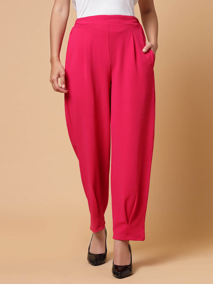 Women Pink Solid Pleated Trousers