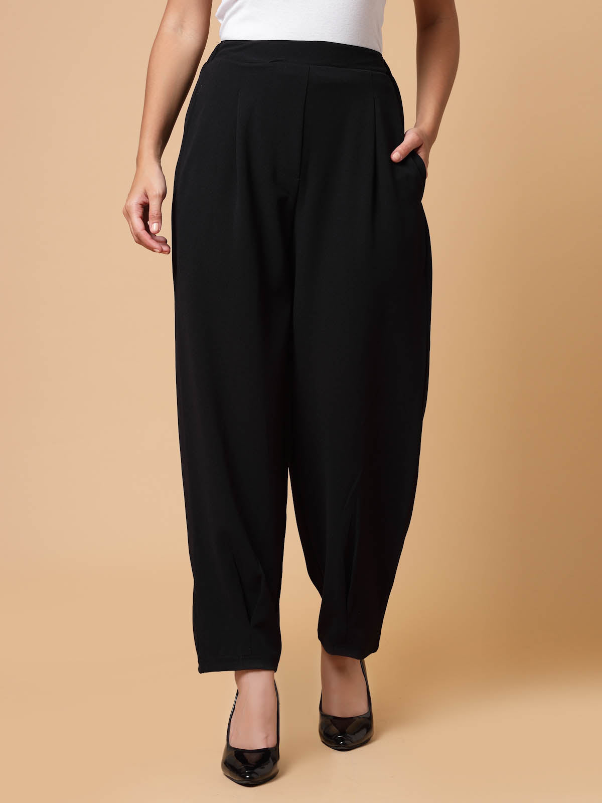 Women Black Solid Pleated Trousers