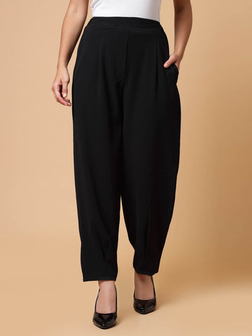 Women Black Solid Pleated Trousers