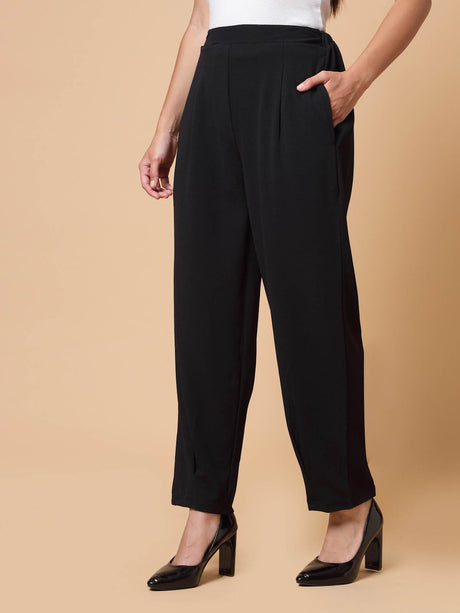 Women Black Solid Pleated Trousers