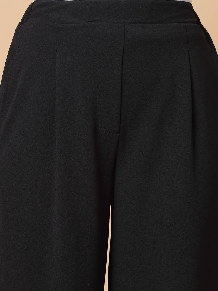 Women Black Solid Pleated Trousers