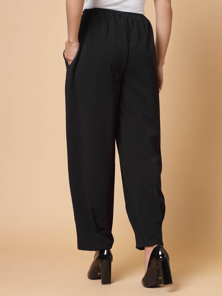 Women Black Solid Pleated Trousers