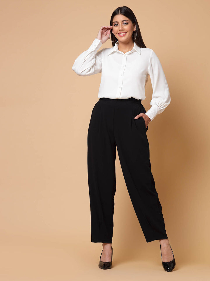 Women Black Solid Pleated Trousers