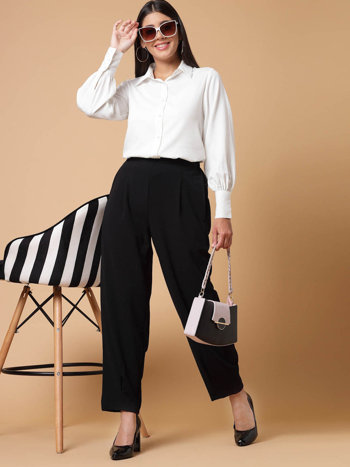 Women Black Solid Pleated Trousers