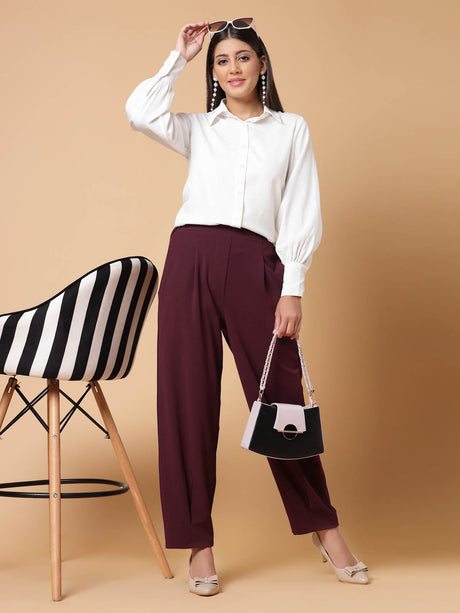 Women Maroon Solid Pleated Trousers