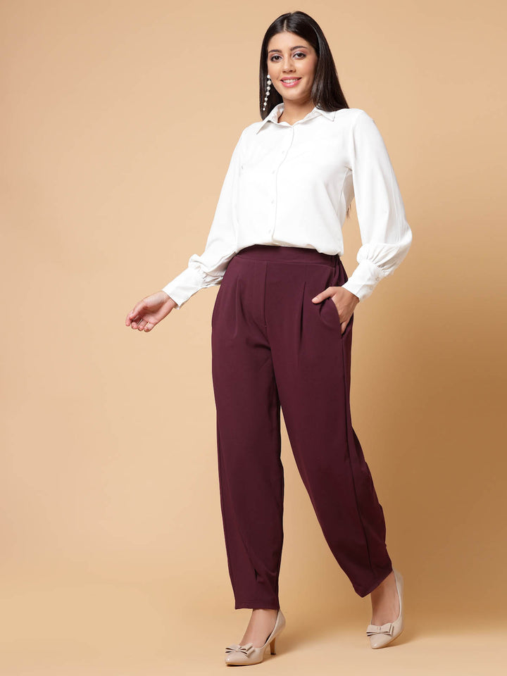 Women Maroon Solid Pleated Trousers