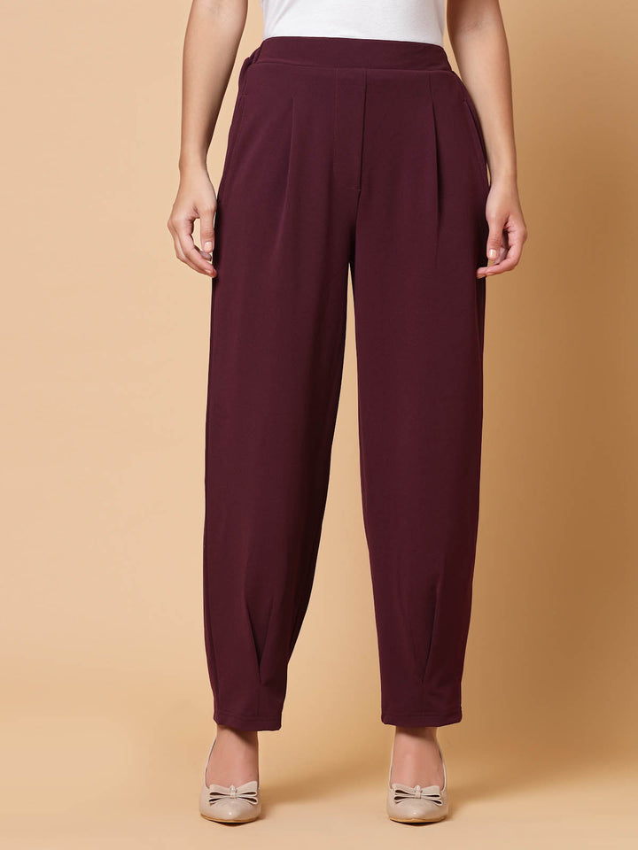 Women Maroon Solid Pleated Trousers