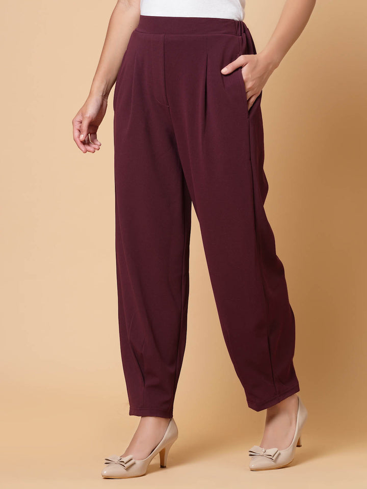 Women Maroon Solid Pleated Trousers