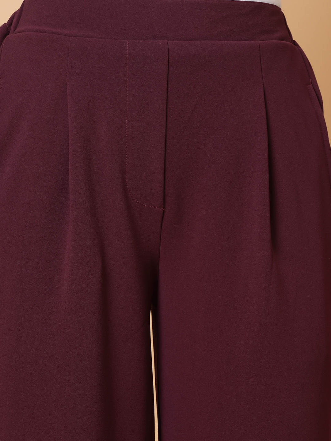 Women Maroon Solid Pleated Trousers