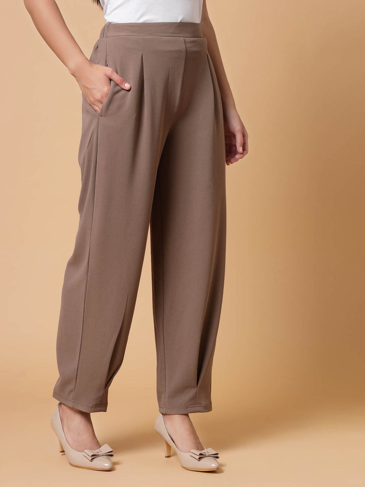 Women Brown Solid Pleated Trousers