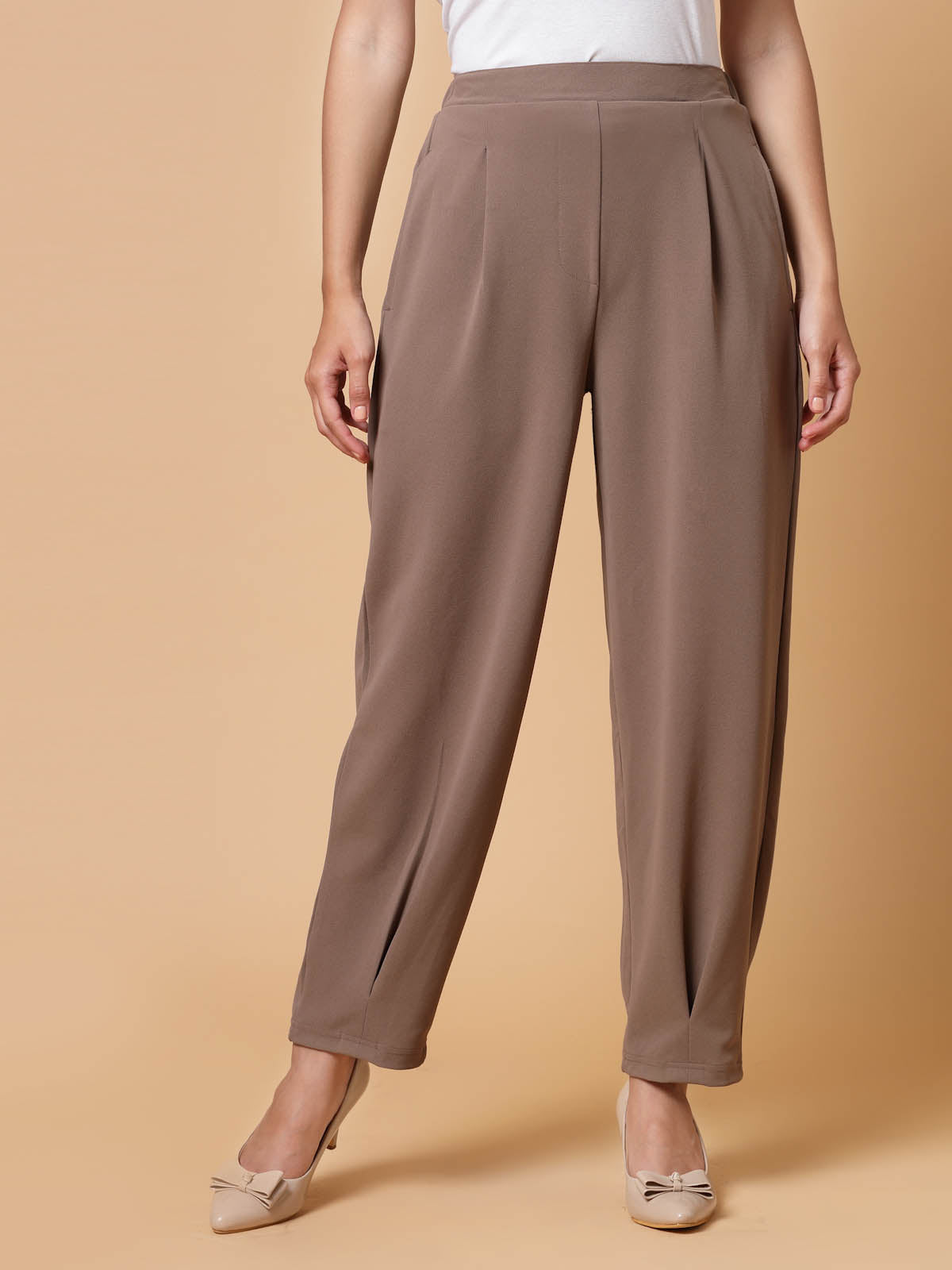 Women Brown Solid Pleated Trousers