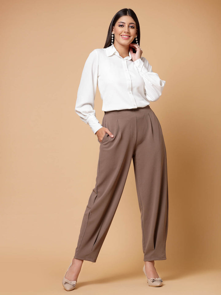 Women Brown Solid Pleated Trousers