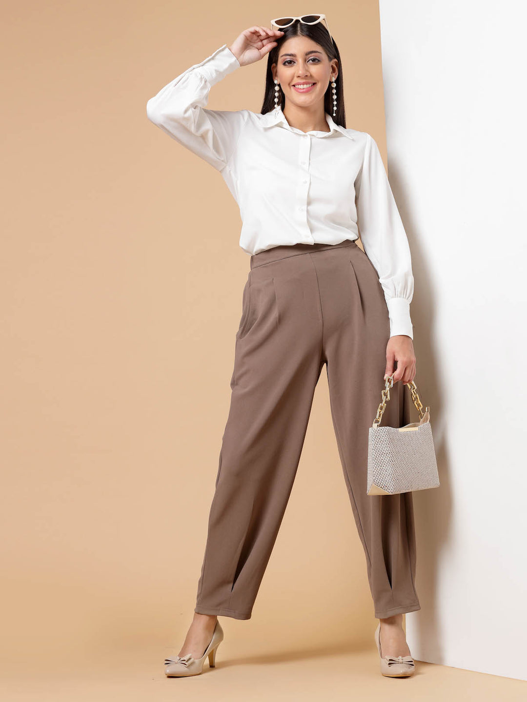 Women Brown Solid Pleated Trousers