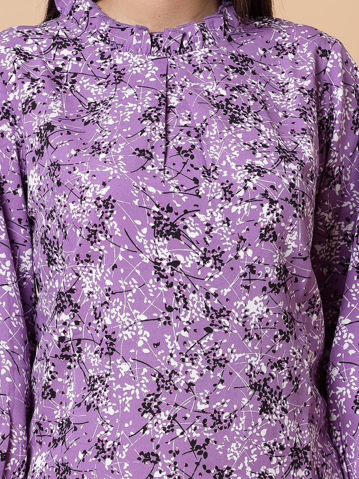 Purple Floral Printed High Neck Ruffled A-Line Top