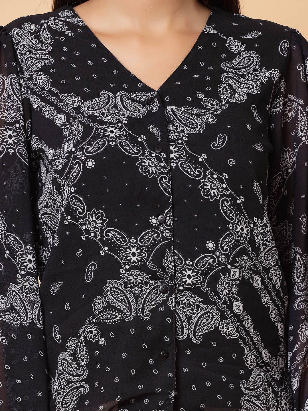 Black Paisley Printed V-Neck Puff Sleeve Shirt Style Top