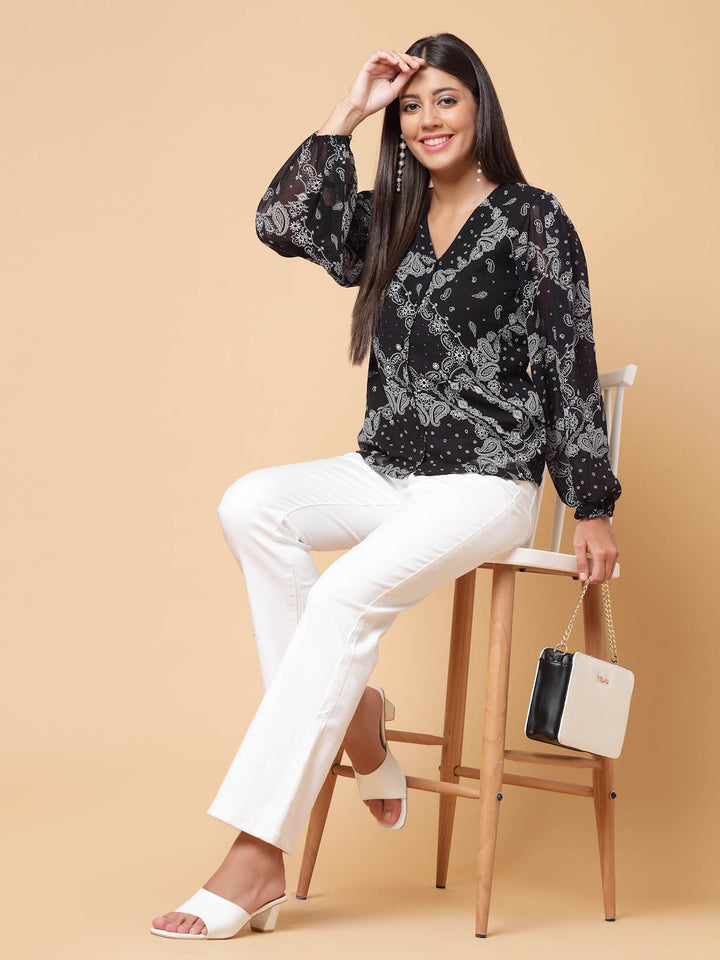 Black Paisley Printed V-Neck Puff Sleeve Shirt Style Top