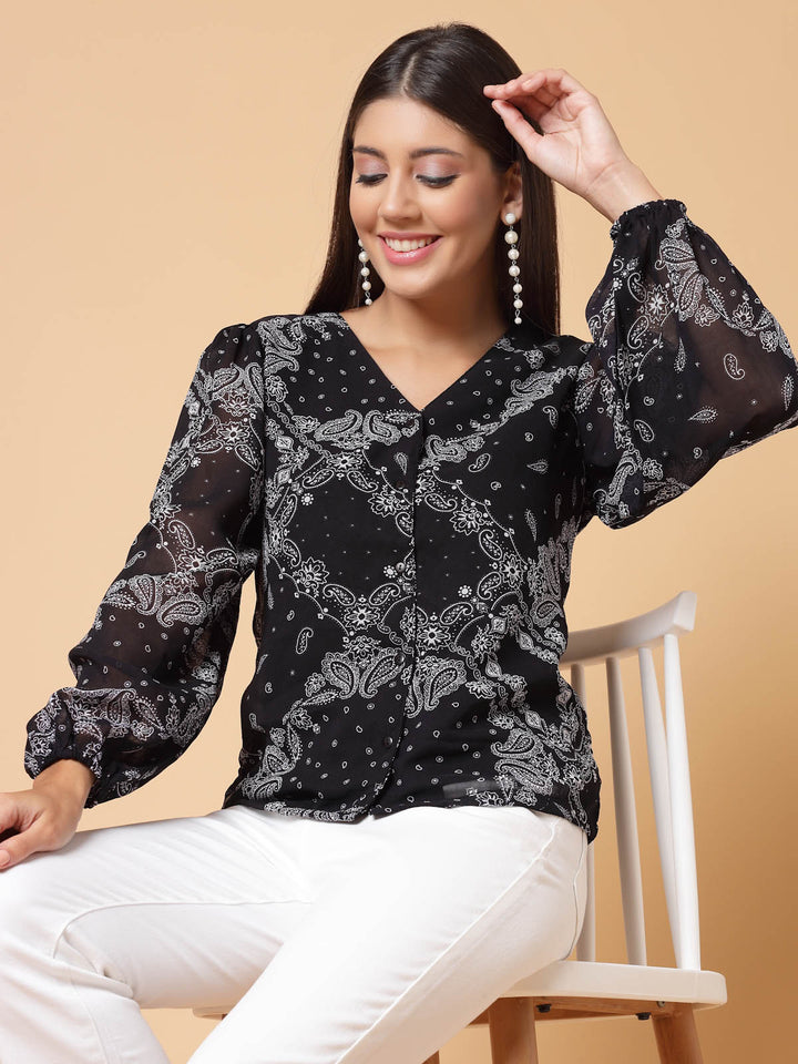 Black Paisley Printed V-Neck Puff Sleeve Shirt Style Top