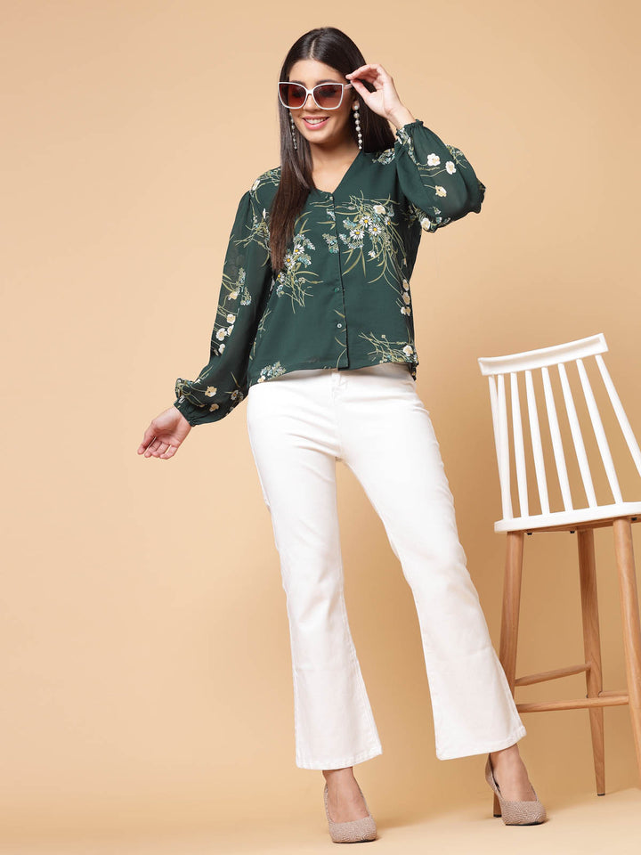 Green Floral Printed V-Neck Puff Sleeve Shirt Style Top