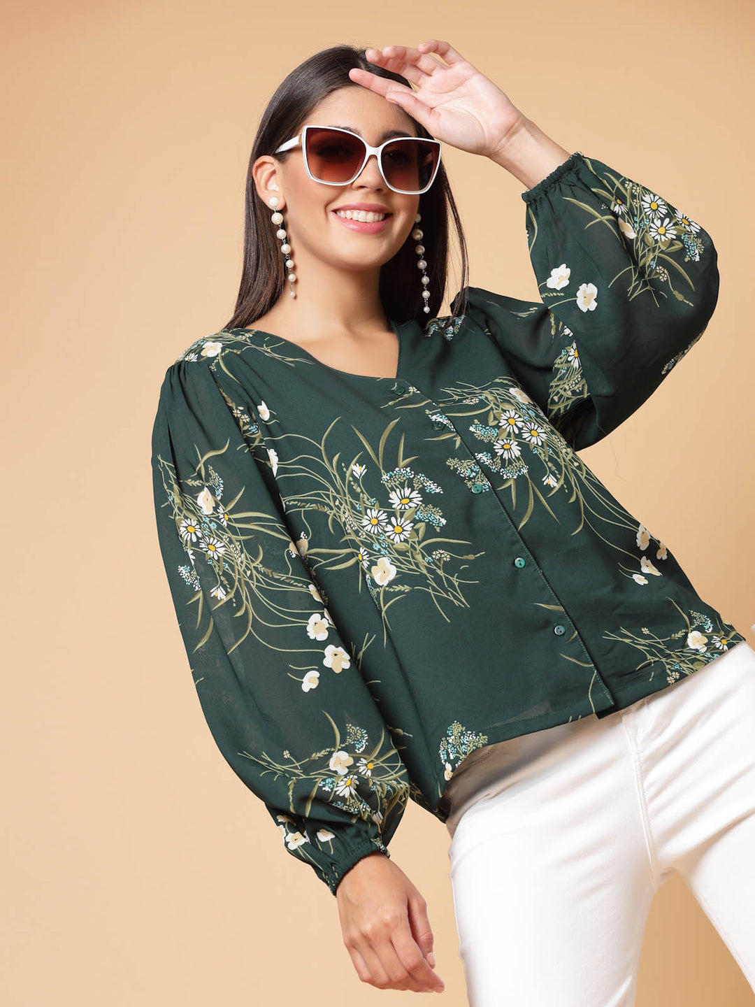 Green Floral Printed V-Neck Puff Sleeve Shirt Style Top