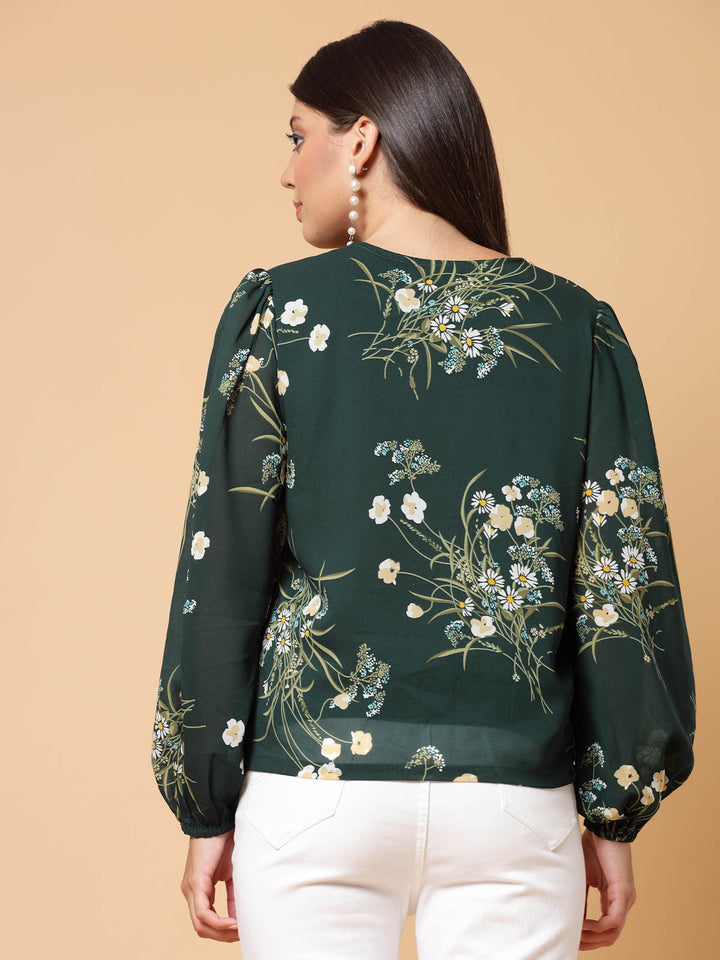 Green Floral Printed V-Neck Puff Sleeve Shirt Style Top