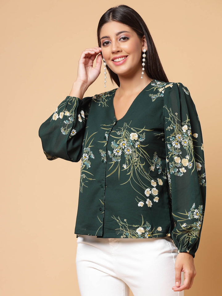 Green Floral Printed V-Neck Puff Sleeve Shirt Style Top