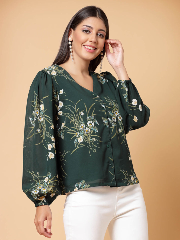 Green Floral Printed V-Neck Puff Sleeve Shirt Style Top