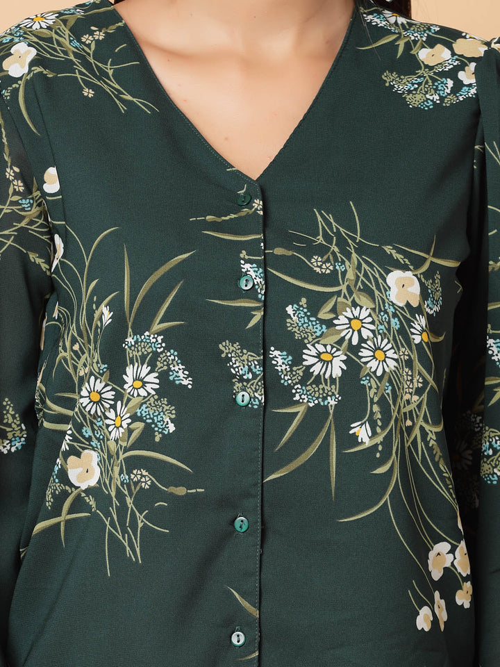 Green Floral Printed V-Neck Puff Sleeve Shirt Style Top