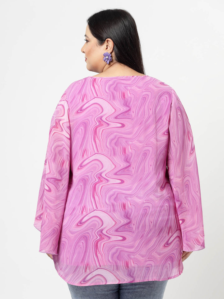 Purple Plus Size Abstract Printed Keyhole Neck Slit Sleeve Longline Tops