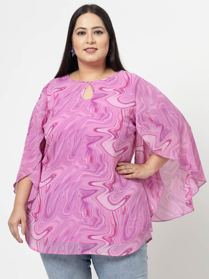 Purple Plus Size Abstract Printed Keyhole Neck Slit Sleeve Longline Tops