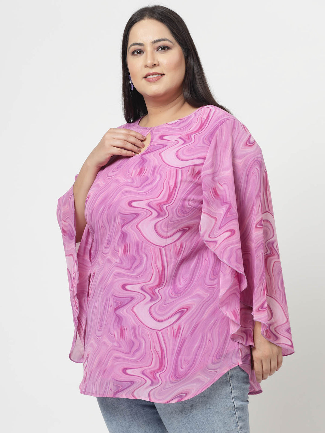 Purple Plus Size Abstract Printed Keyhole Neck Slit Sleeve Longline Tops