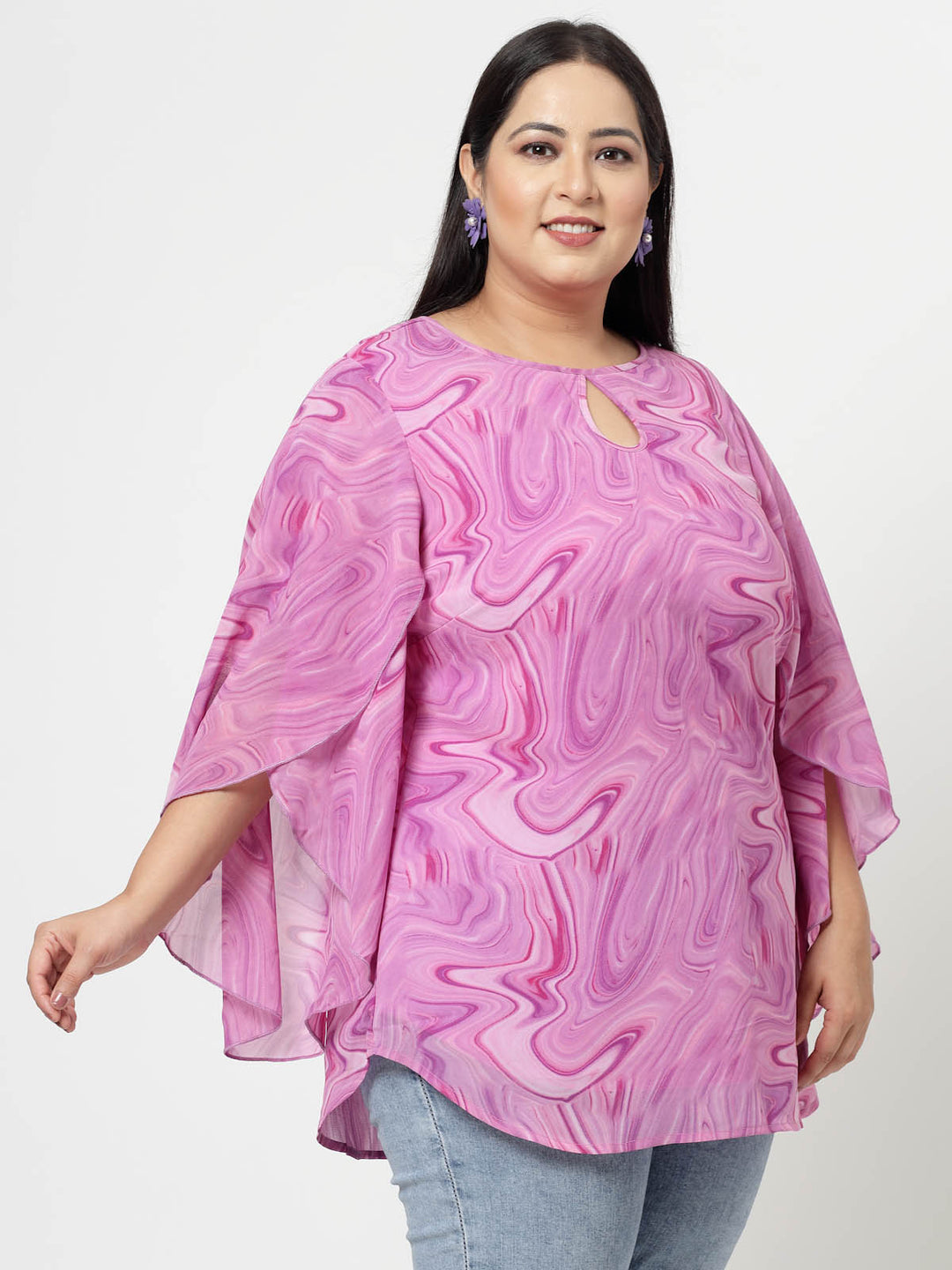 Purple Plus Size Abstract Printed Keyhole Neck Slit Sleeve Longline Tops