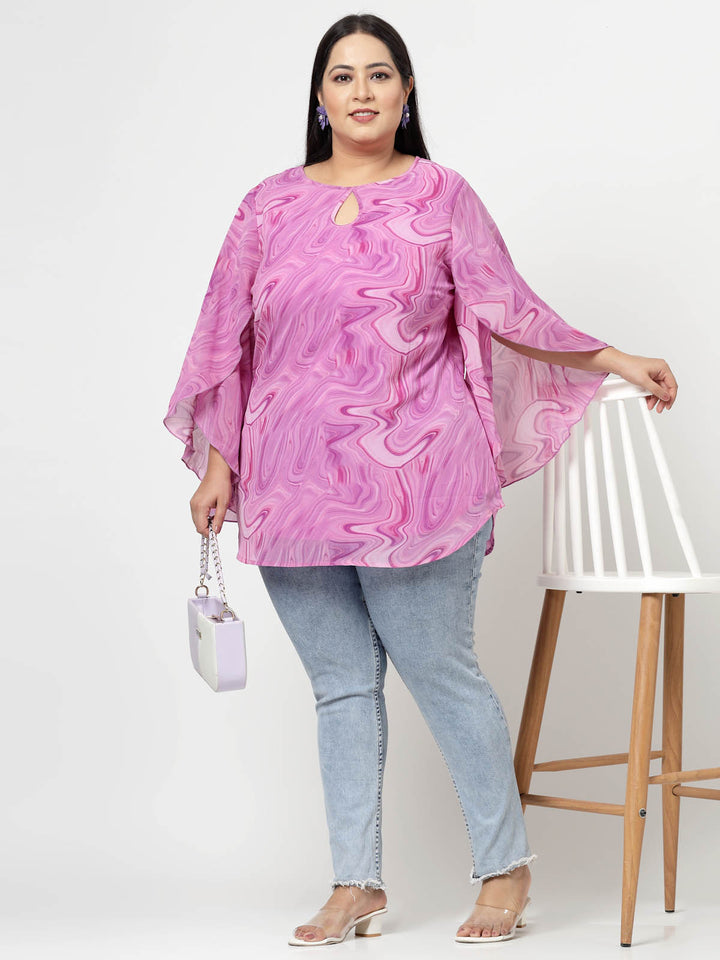 Purple Plus Size Abstract Printed Keyhole Neck Slit Sleeve Longline Tops