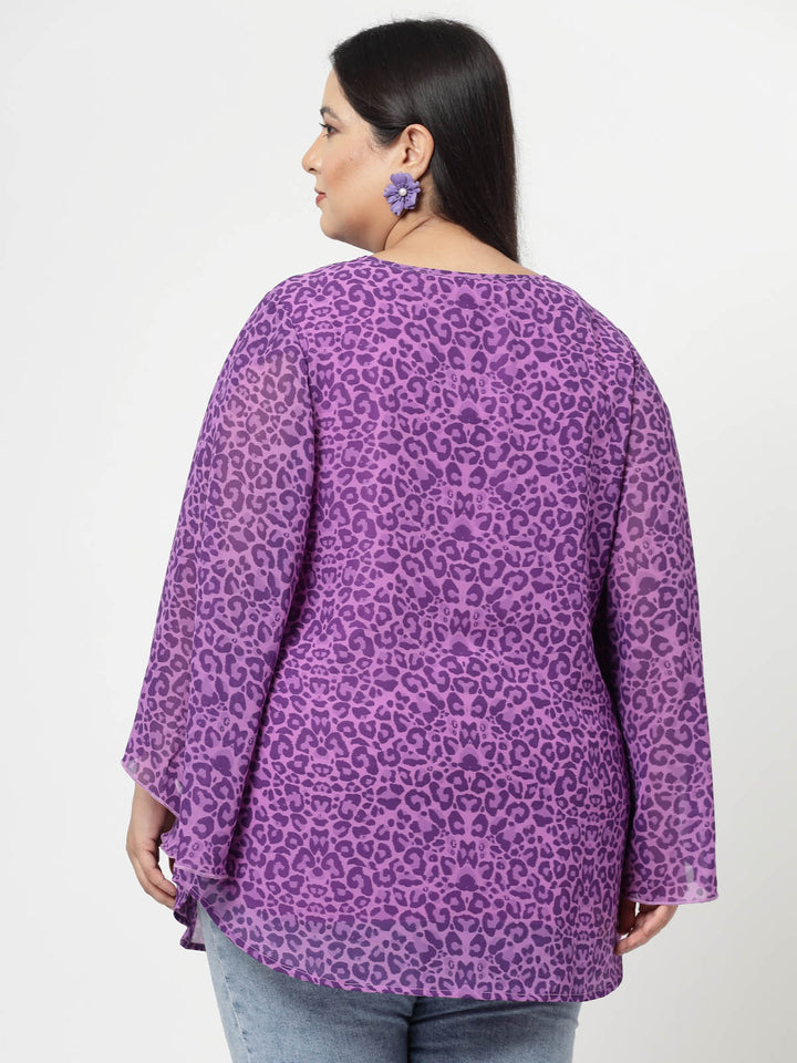 Purple Abstract Printed Keyhole Neck Flared Sleeves Longline Top