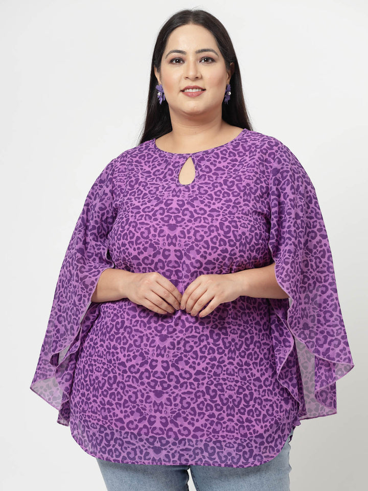 Purple Abstract Printed Keyhole Neck Flared Sleeves Longline Top