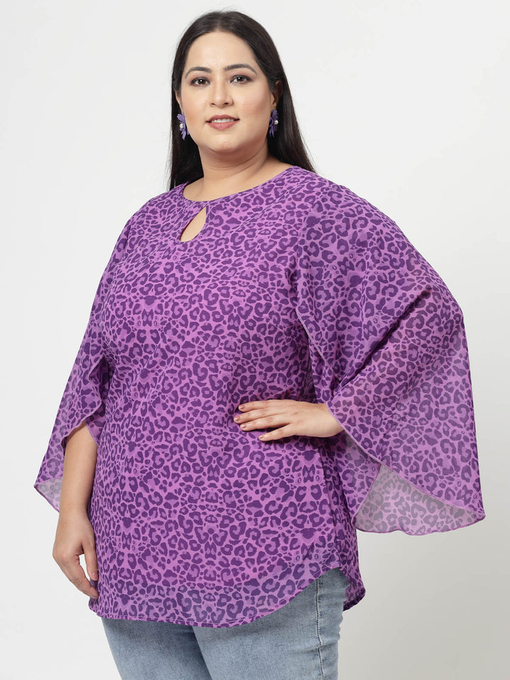 Purple Abstract Printed Keyhole Neck Flared Sleeves Longline Top